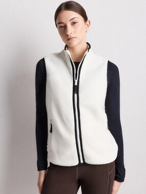 Quince Women's Sherpa Zip-Front Vest in White with Black Trim